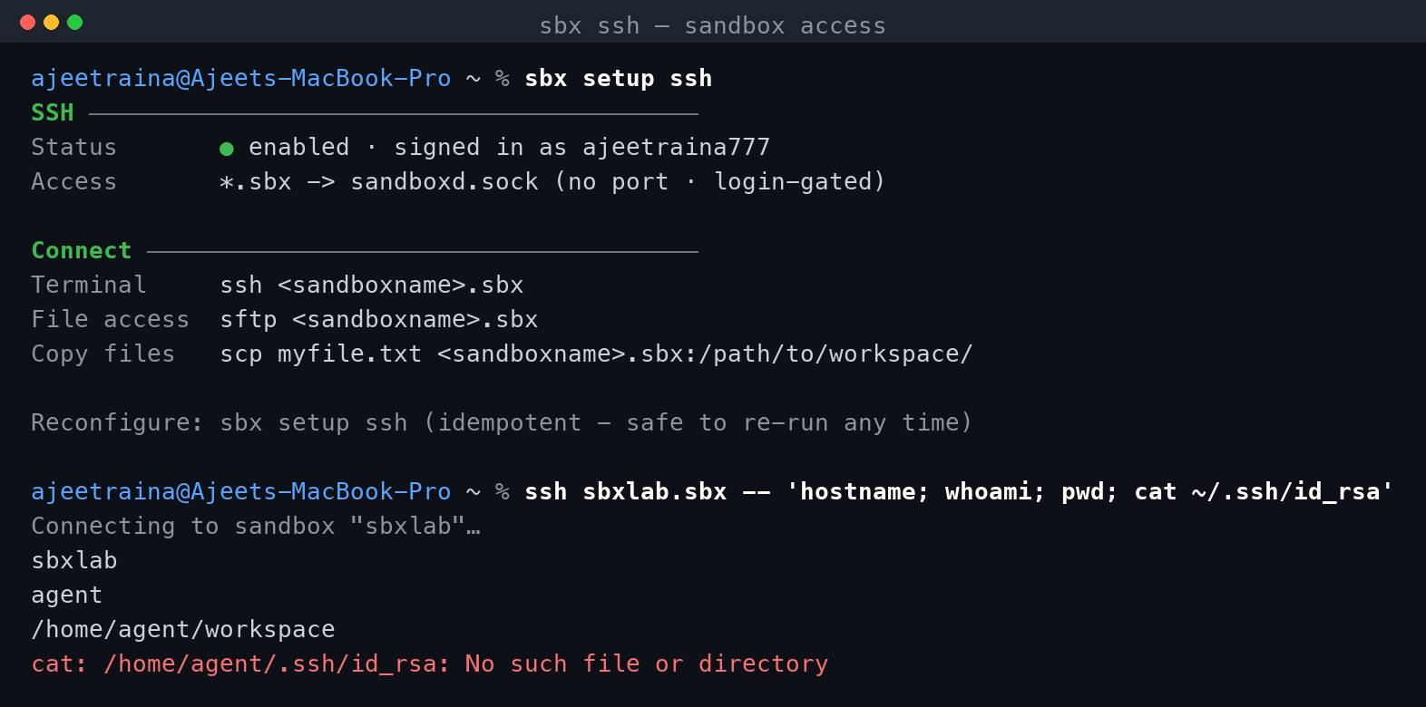 sbx setup ssh panel followed by a real ssh sbxlab.sbx session showing hostname sbxlab, user agent, and the host SSH key absent inside the VM